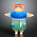 Chubby Cartoon Cat Chef Wearing Blue Shirt Green Striped Apron Shorts And Small Hat