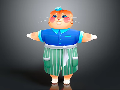 Chubby Cartoon Cat Chef Wearing Blue Shirt Green Striped Apron Shorts And Small Hat 3d model