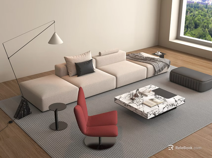 Beige Multi Seater Sofa With Decorative Pillows Red Chair Marble Coffee Table Window View 3d model