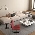 Beige Multi Seater Sofa With Decorative Pillows Red Chair Marble Coffee Table Window View 3d model