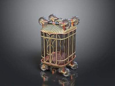 Ornate Metal Cage With Gear Decorations On Top And Rolling Wheels 3d model