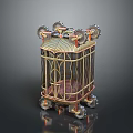 Ornate Metal Cage With Gear Decorations On Top And Rolling Wheels
