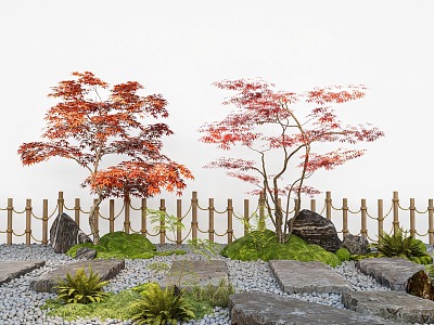 Red Maple Tree Landscaping Plants Bluestone Ting Step Garden Tree Fence Moss Fresh Terrain 3d model