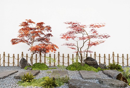 Red Maple Tree Landscaping Plants Bluestone Ting Step Garden Tree Fence Moss Fresh Terrain 3d model