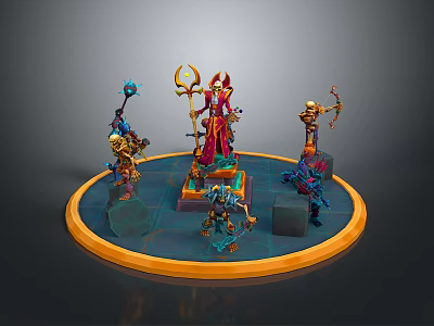 Fantasy Characters and Creatures on Circular Platform With Various Weapons and Outfits 3d model