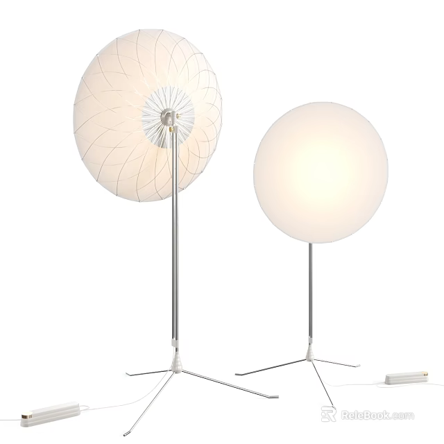 Netted And Smooth White Spherical Floor Lamps With Silver Pole And Three Pronged Base 3d model 
