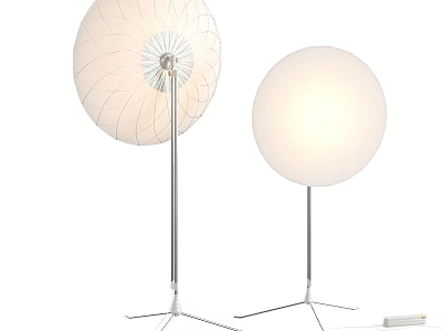 Netted And Smooth White Spherical Floor Lamps With Silver Pole And Three Pronged Base 3d model