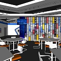 School Modern Lounge Space With White Tables Orange Chairs And Colorful Glass Partitions