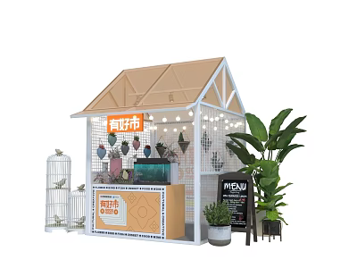Wooden Cabin Style Market Stall With Plants Birdcage Menu Board And Decorations 3d model