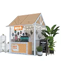 Wooden Cabin Style Market Stall With Plants Birdcage Menu Board And Decorations
