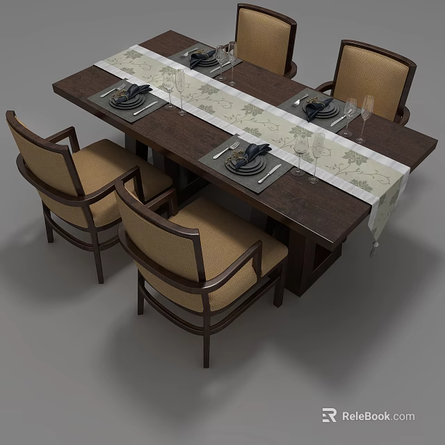 Wooden Dining Table Set With Beige Upholstered Chairs Table Runner And Dinnerware 3d model