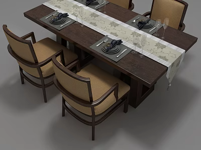 Wooden Dining Table Set With Beige Upholstered Chairs Table Runner And Dinnerware 3d model