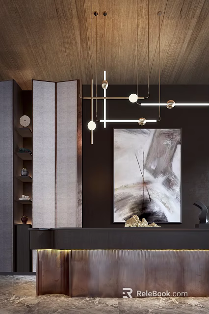 Modern Reception Desk Interior With Fabric Screen Decorative Painting And Hanging Lights 3d model 
