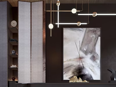Modern Reception Desk Interior With Fabric Screen Decorative Painting And Hanging Lights 3d model