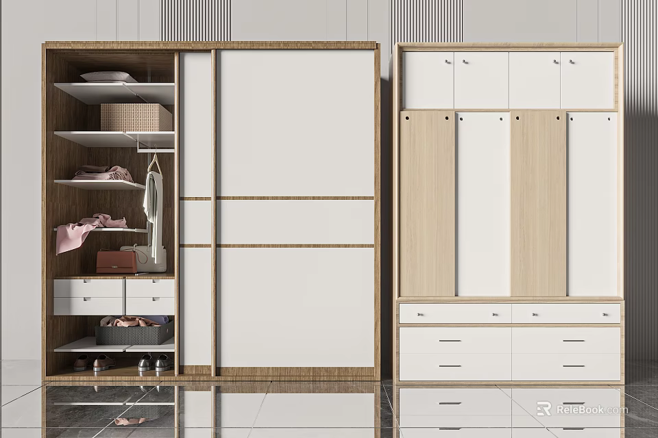 Modern Wardrobe With Sliding Doors Wooden Finish And Storage Shelves Drawers 3d model 