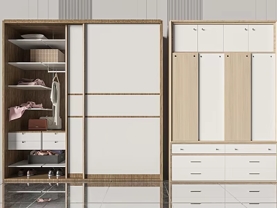 Modern Wardrobe With Sliding Doors Wooden Finish And Storage Shelves Drawers 3d model