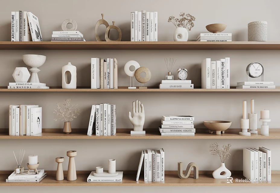 Stylish Decorative Ornament Set On Wooden Shelves With Books Sculptures Vases And Candles 3d model 