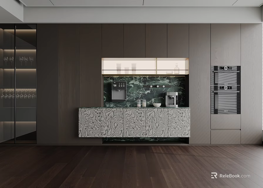Sleek Modern Kitchen Wine Cabinet Design With Marble Countertop And Wooden Cabinets 3d model 