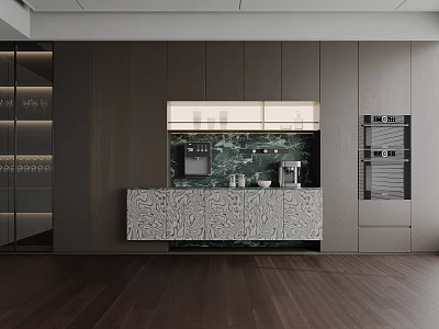 Sleek Modern Kitchen Wine Cabinet Design With Marble Countertop And Wooden Cabinets 3d model