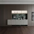 Sleek Modern Kitchen Wine Cabinet Design With Marble Countertop And Wooden Cabinets