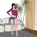 Woman Wearing Pink Off Shoulder Top And Denim Shorts Near White Sofa With Green Plant