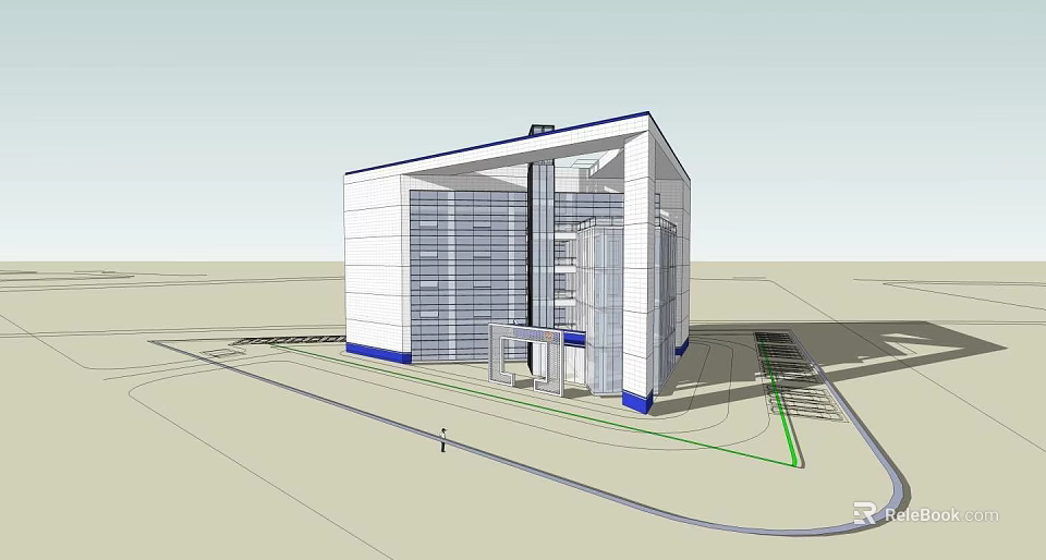 Modern Office Building With Glass Curtain Wall White Blue Exterior And Surrounding Road Design 3d model 