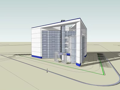 Modern Office Building With Glass Curtain Wall White Blue Exterior And Surrounding Road Design 3d model
