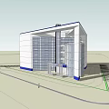 Modern Office Building With Glass Curtain Wall White Blue Exterior And Surrounding Road Design
