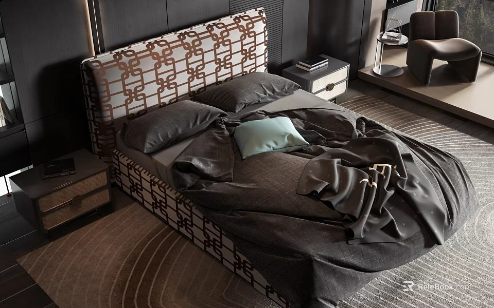 Modern Double Bed With Patterned Headboard Gray Bedding And Light Blue Pillow 3d model 