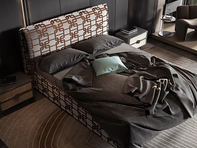 Modern Double Bed With Patterned Headboard Gray Bedding And Light Blue Pillow 3d model