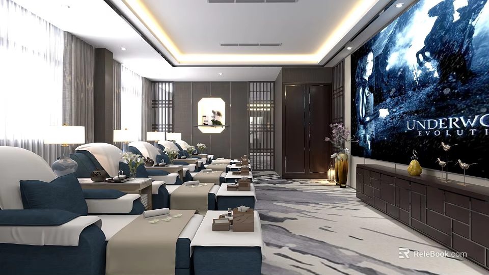 SPA Sauna Relaxation Lounge With Comfortable Blue Sofas Large Screen TV And Modern Decor 3d model