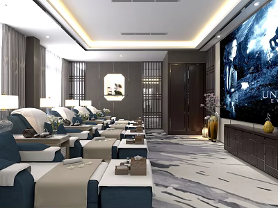 SPA Sauna Relaxation Lounge With Comfortable Blue Sofas Large Screen TV And Modern Decor 3d model