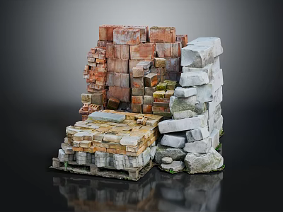 Constructed Stacked Red Bricks And Gray Stone Blocks Architectural Structure With Textured Surfaces 3d model