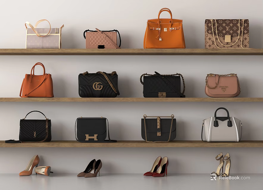 Stylish Handbags Collection In Various Colors On Wooden Shelves With High Heels Accent 3d model 
