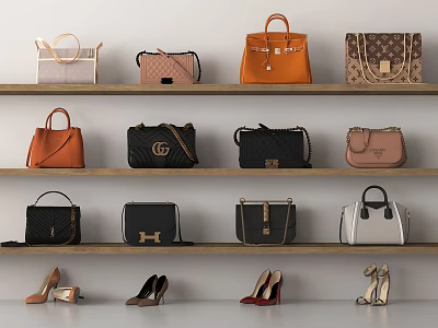 Stylish Handbags Collection In Various Colors On Wooden Shelves With High Heels Accent 3d model