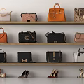 Stylish Handbags Collection In Various Colors On Wooden Shelves With High Heels Accent