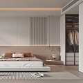 Modern Minimalist Bedroom Interior With White Bed Nightstand Chair Wardrobe Rug Plants And Pendant Lights