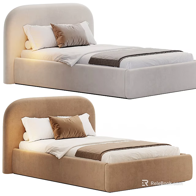 Modern Upholstered Single Bed With Curved Headboard Beige Brown Tones Soft Pillows Bed Linens 3d model 