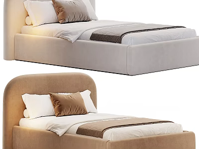Modern Upholstered Single Bed With Curved Headboard Beige Brown Tones Soft Pillows Bed Linens 3d model