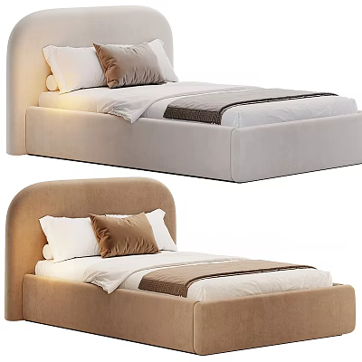 Modern Upholstered Single Bed With Curved Headboard Beige Brown Tones Soft Pillows Bed Linens 3d model