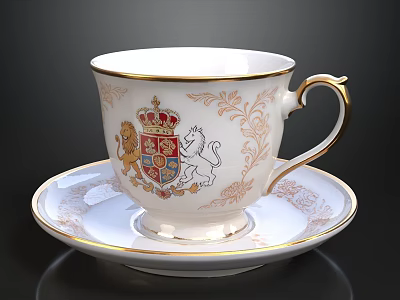 Elegant White Porcelain Teacup And Saucer With Gold Trim And Heraldic Lion Design 3d model