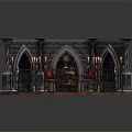 Cartoon Medieval Scene with Stone Walls Arched Windows Bookshelf Red Chairs and Candelabras
