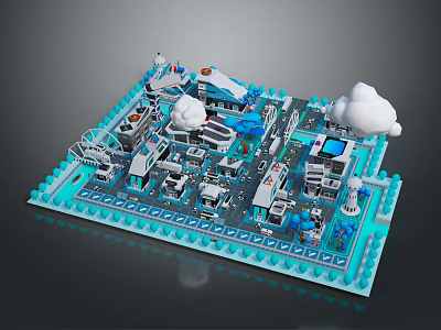 Cartoon Style Mini City Layout With Colorful Buildings Roads Clouds And Decorative Borders 3d model