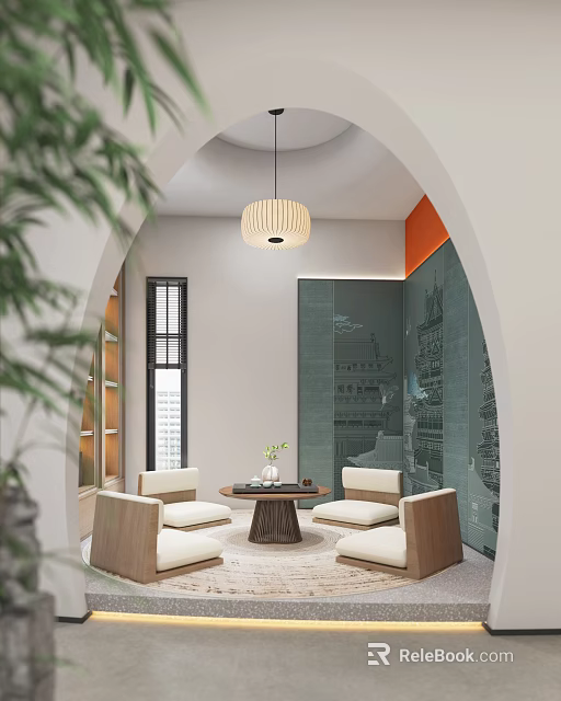 Traditional Chinese Private Room With Round Table Chairs And Pendant Light 3d model 