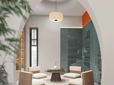 Traditional Chinese Private Room With Round Table Chairs And Pendant Light 3d model