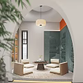 Traditional Chinese Private Room With Round Table Chairs And Pendant Light