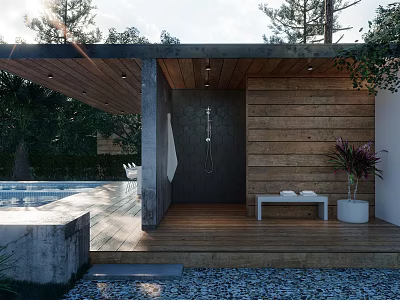 Outdoor Shower Area With Wooden Wall Showerhead And Poolside Natural Setting 3d model