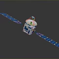Orbital Satellite Structure with Blue Solar Panels and White Communication Antenna