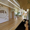 Modern Teahouse Interior Design With Wooden Flooring Bamboo Plants And Floor to Ceiling Windows