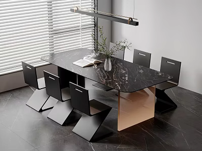 Modern Dining Table Set With Black Marble Tabletop And Geometric Black Chairs 3d model